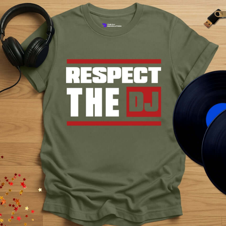 Unisex DJ T-shirt, 'Respect The DJ' design in military green, front view