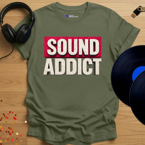 Music lover DJ T-shirt, 'Sound Addict' design in military green, front view