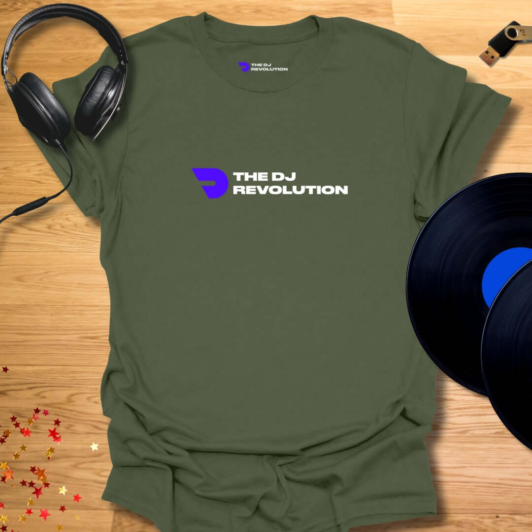 Unisex DJ T-shirt, 'The DJ Revolution' design in military green, front view