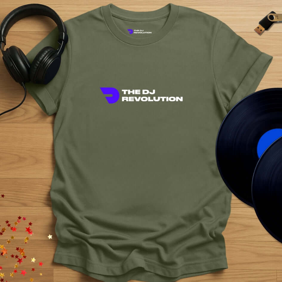Unisex DJ T-shirt, 'The DJ Revolution' design in military green, front view