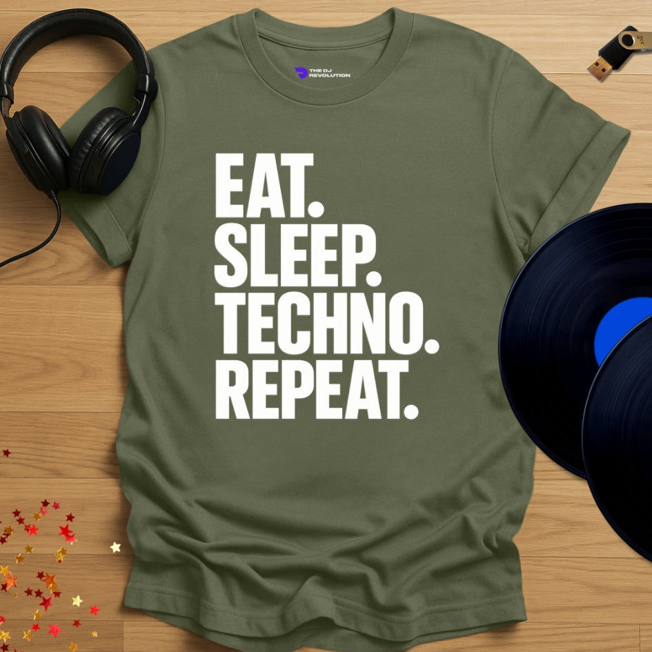 Eat Sleep Techno Repeat Techno T-shirt in military green, front view