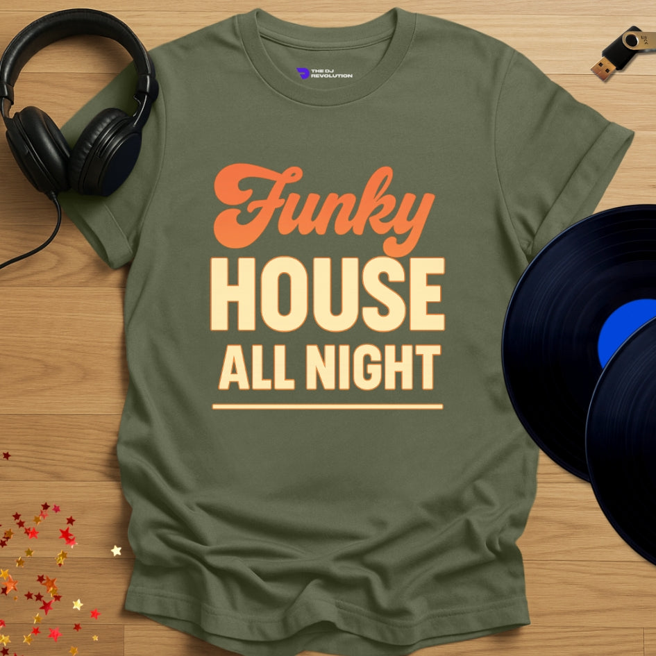 Funky House All Night house music T-shirt in military green, front view