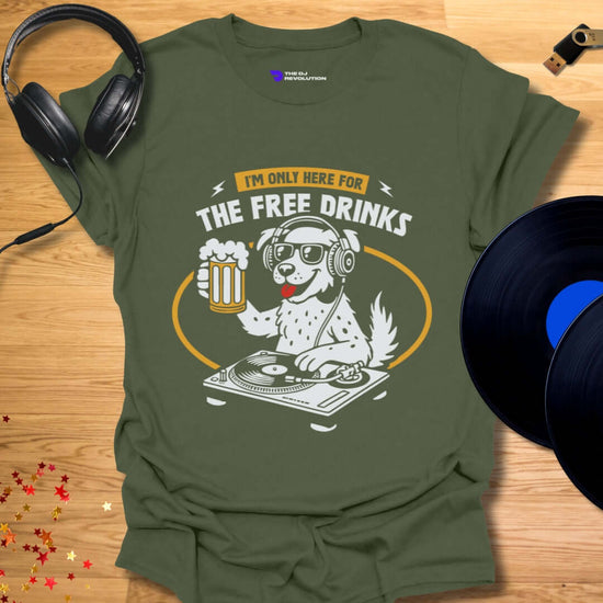 Funny DJ T-shirt, 'The Thirsty DJ' design in military green, front view