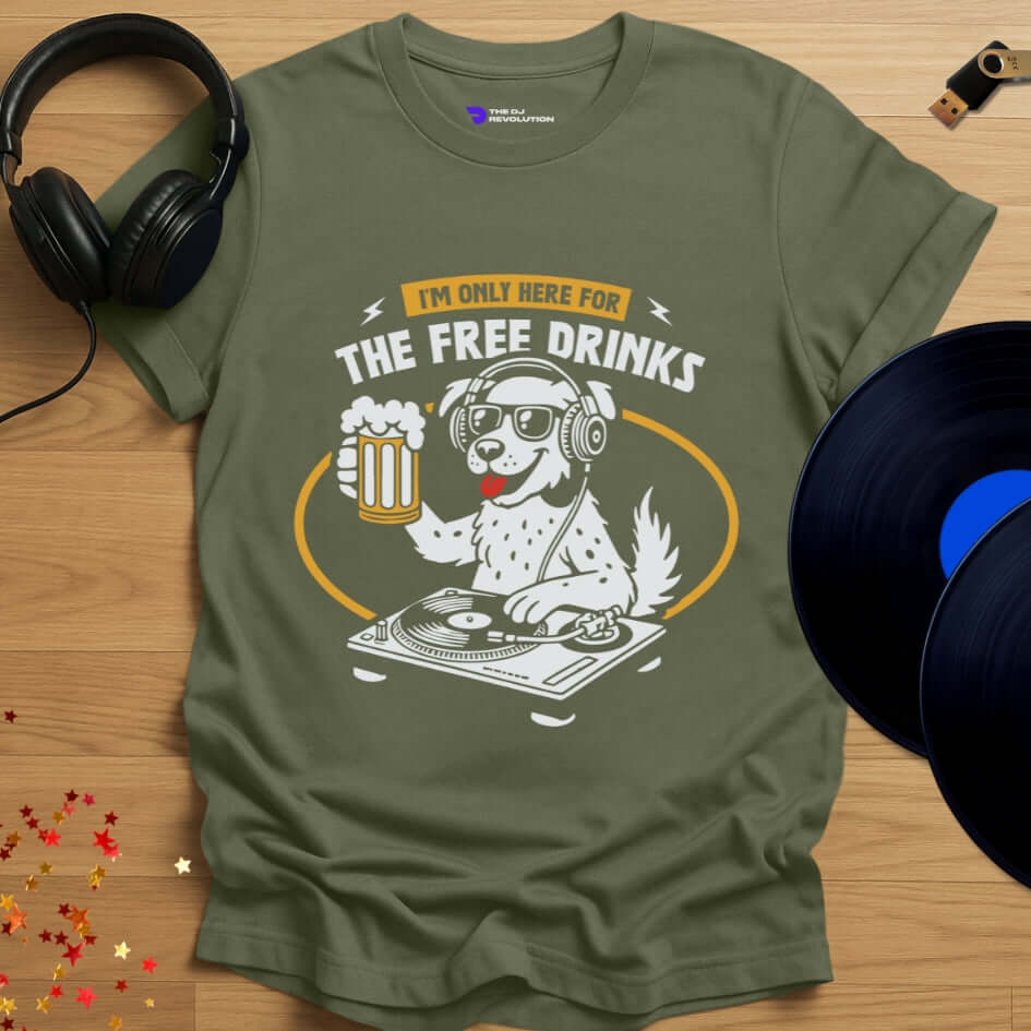 Funny DJ T-shirt, 'The Thirsty DJ' design in military green, front view