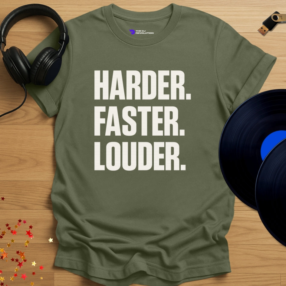 Harder Faster Louder Techno T-shirt in military green, front view