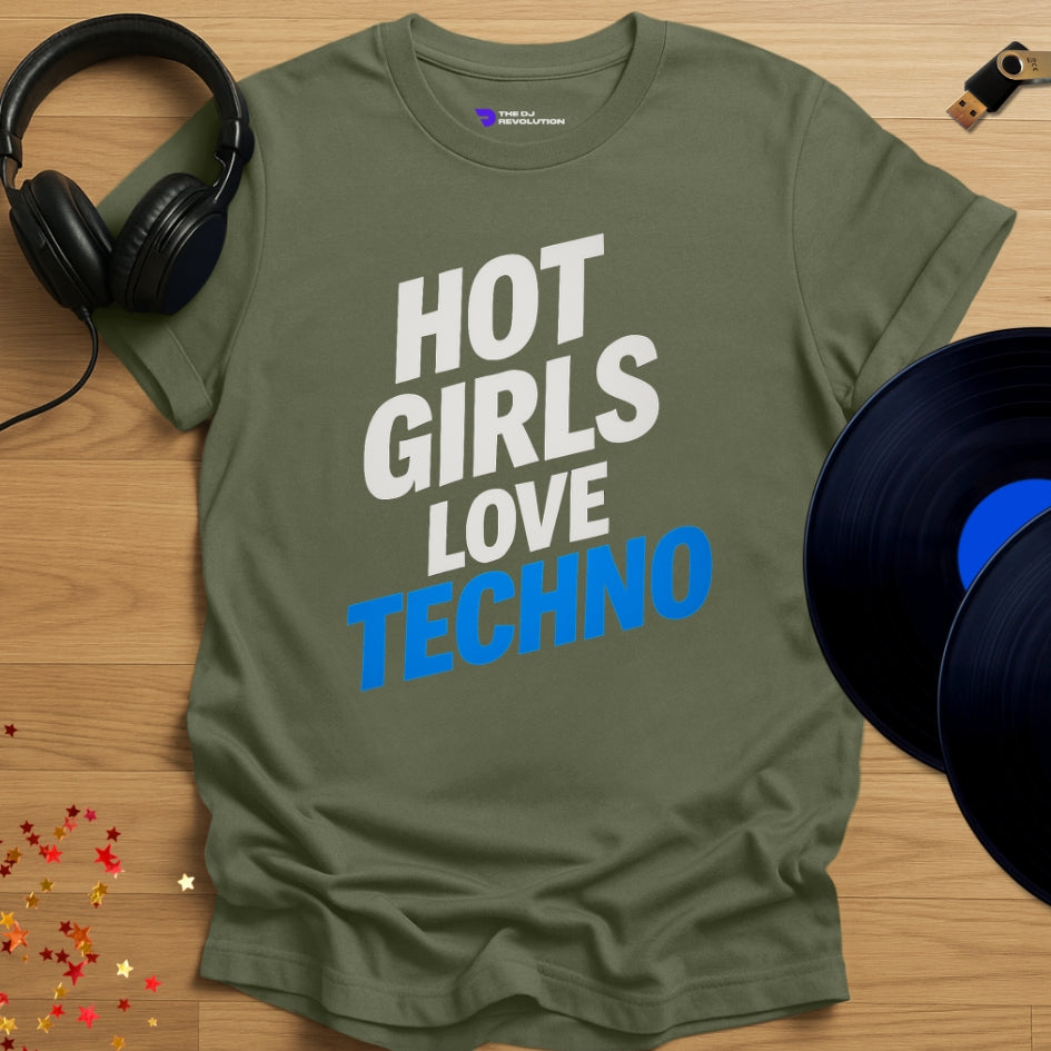 Hot Girls Love Techno T-shirt in military green, front view