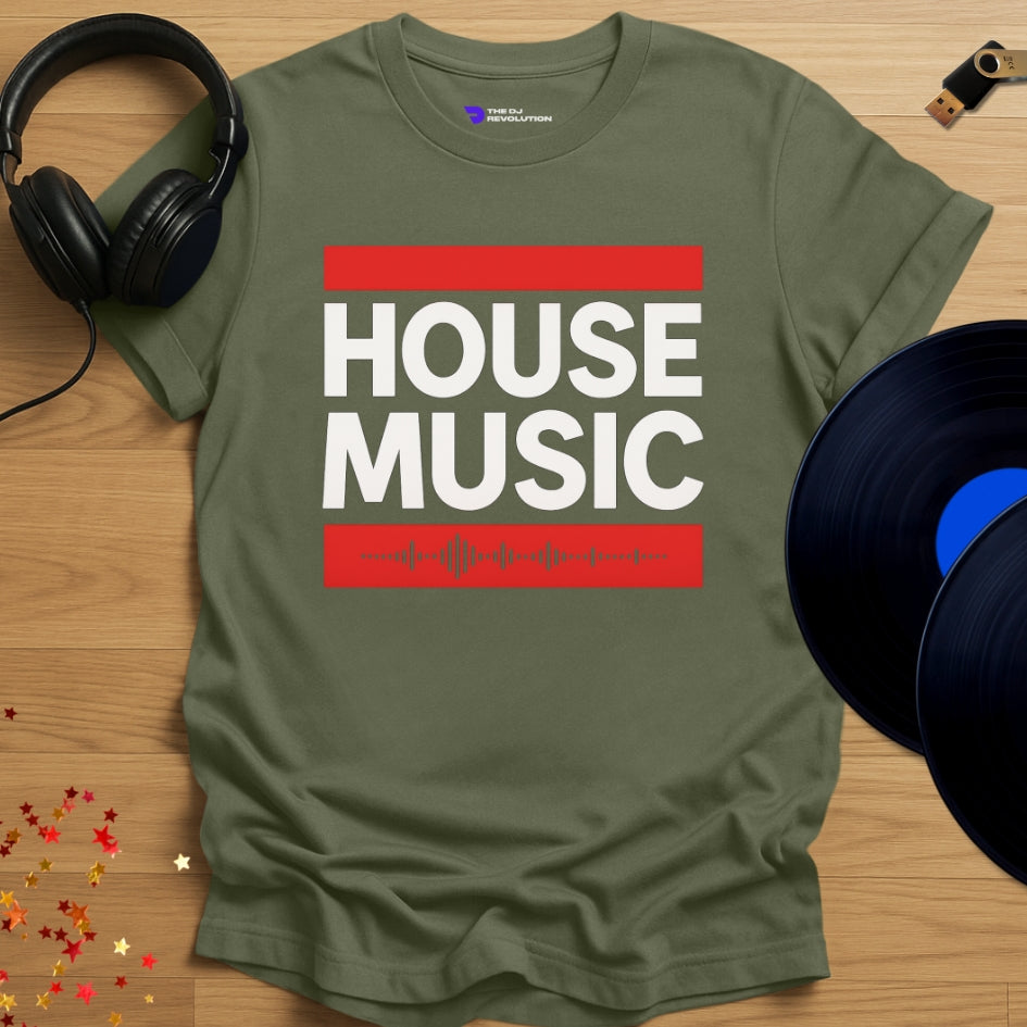 house music T-shirt, 'House Music' design in military green, front view