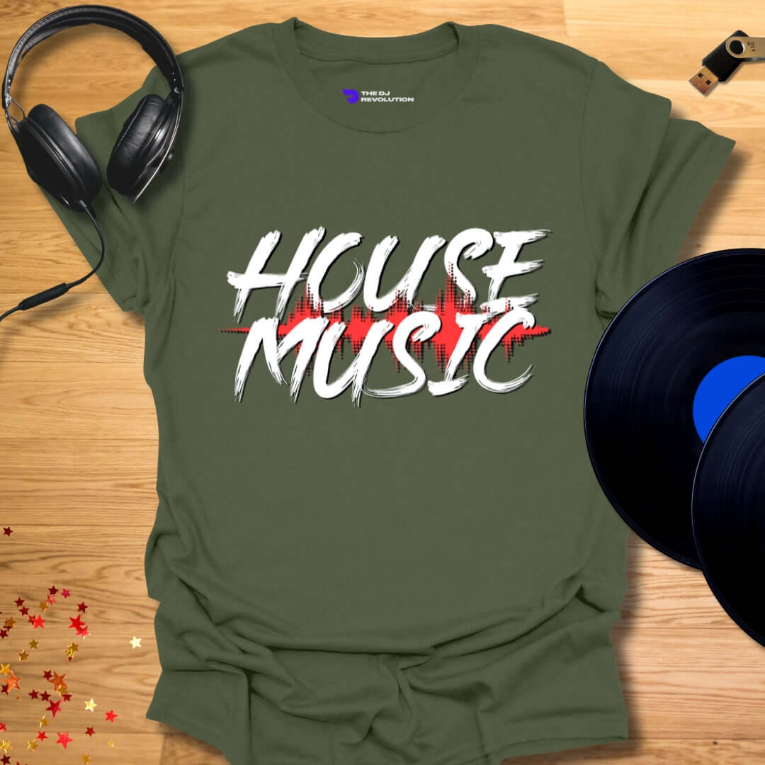 Unisex house music T-shirt, 'House Music' design in military green, front view