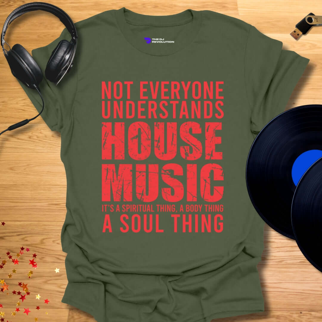 Unisex house music T-shirt, 'House Music Lover' design in military green, front view