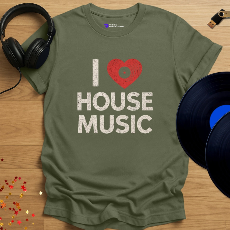 I Love House Music T-shirt in military green, front view