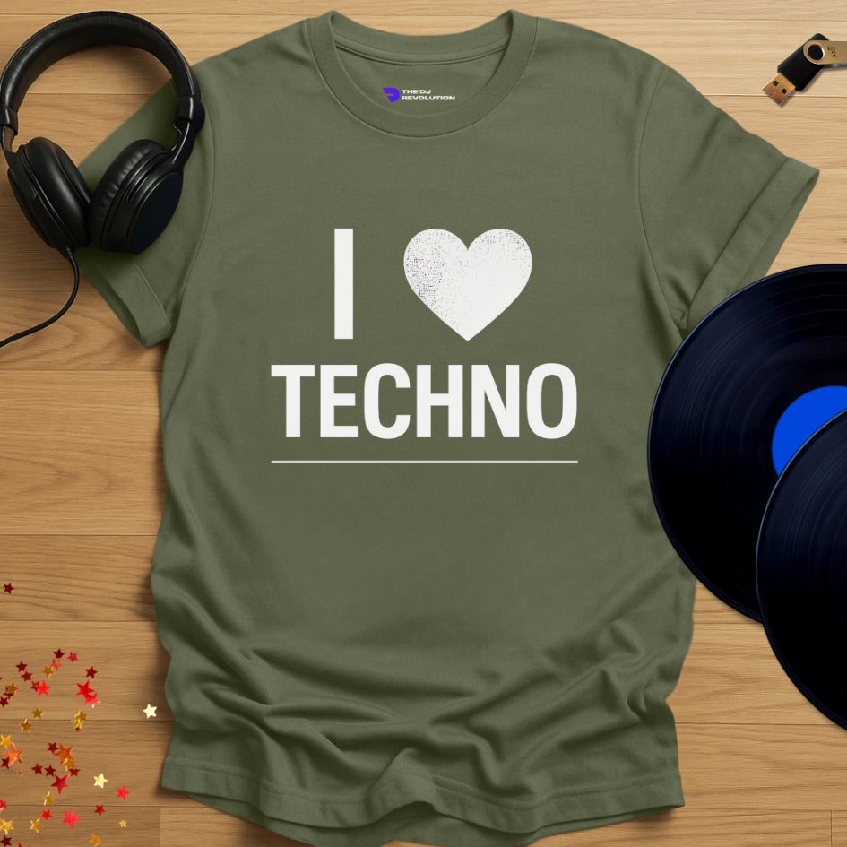 I Love Techno T-shirt in military green, front view