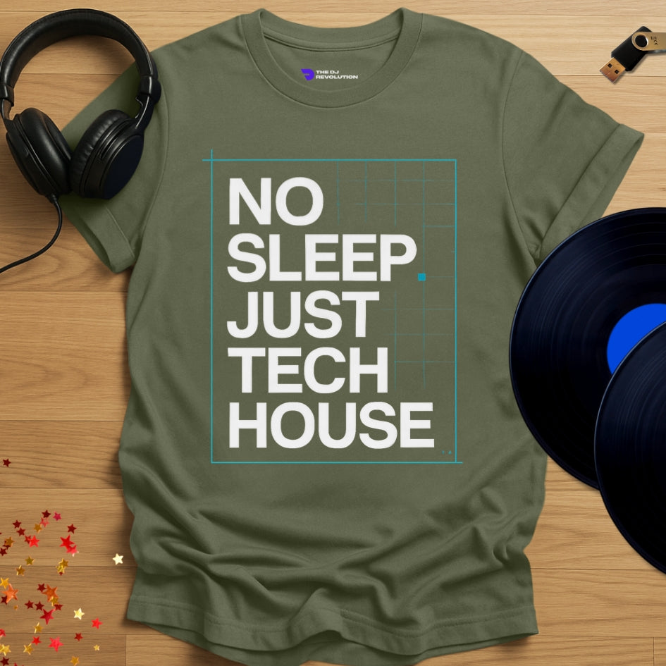 ‘Just Tech House’ house music T-shirt in military green, front view