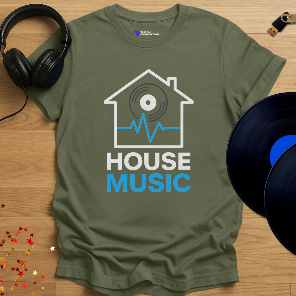 Living With House Music T-shirt in military green, front view