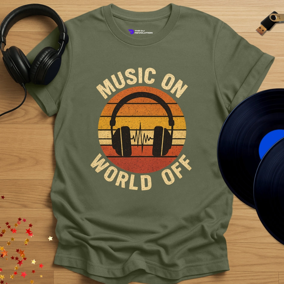 'Music On World Off' T-shirt in Military Green, front view