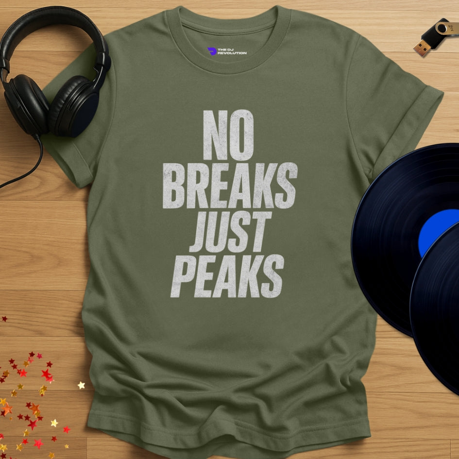 No Breaks Just Peaks Techno T-shirt in military green, front view