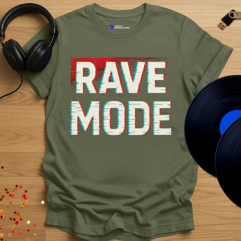 'Rave Mode', rave DJ T-shirt in military green, front view