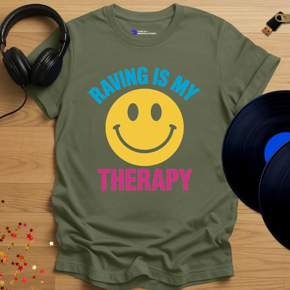 'Raving Is My Therapy', rave T-shirt in military green, front view