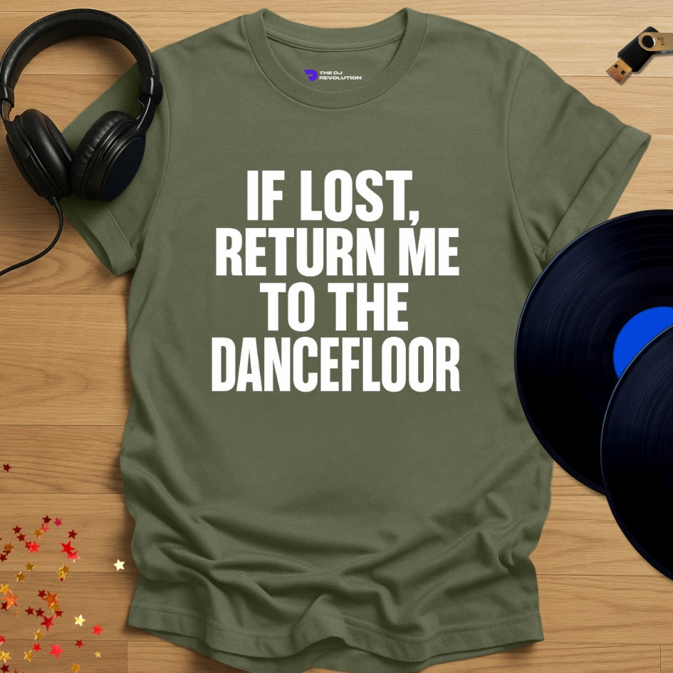 Return Me to The Dancefloor Techno T-shirt in military green, front view