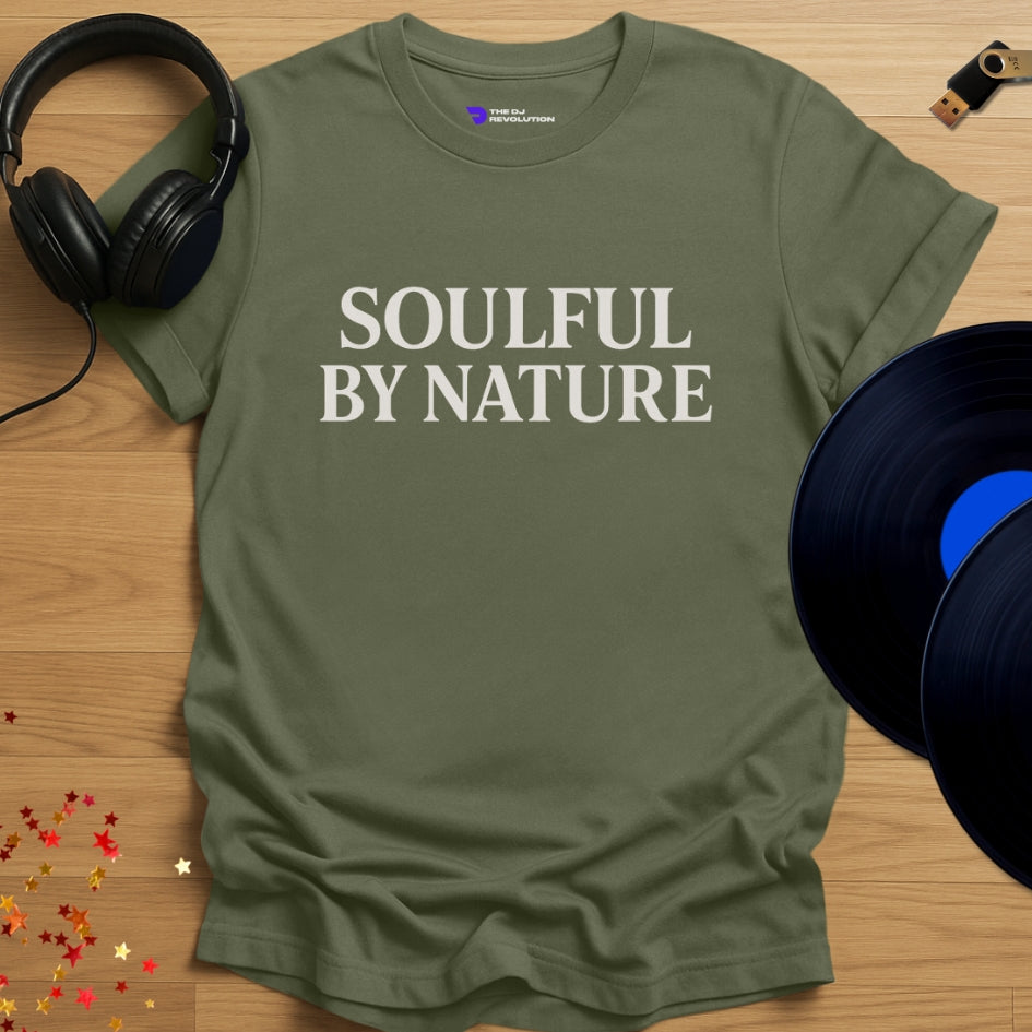 Soulful By Nature house music T-shirt in military green, front view