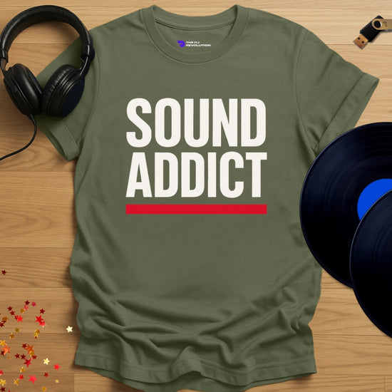 'Sound Addict', music lover DJ T-shirt in military green, front view