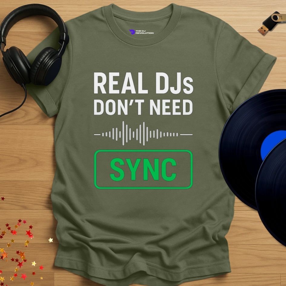 Sync button DJ T-shirt, 'Sync Button Tee' design in military green, front view