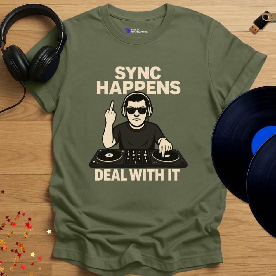 'Sync Happens' funny DJ T-shirt design in military green, front view