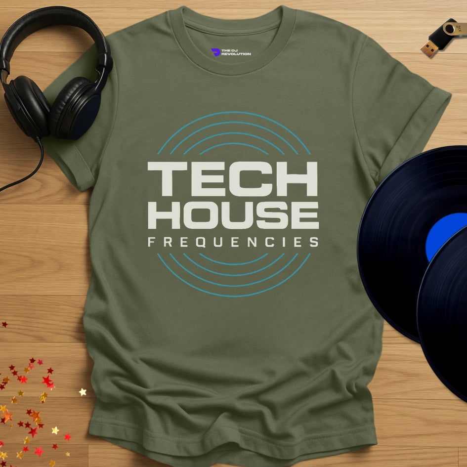 Tech House Frequencies house music T-shirt in military green, front view