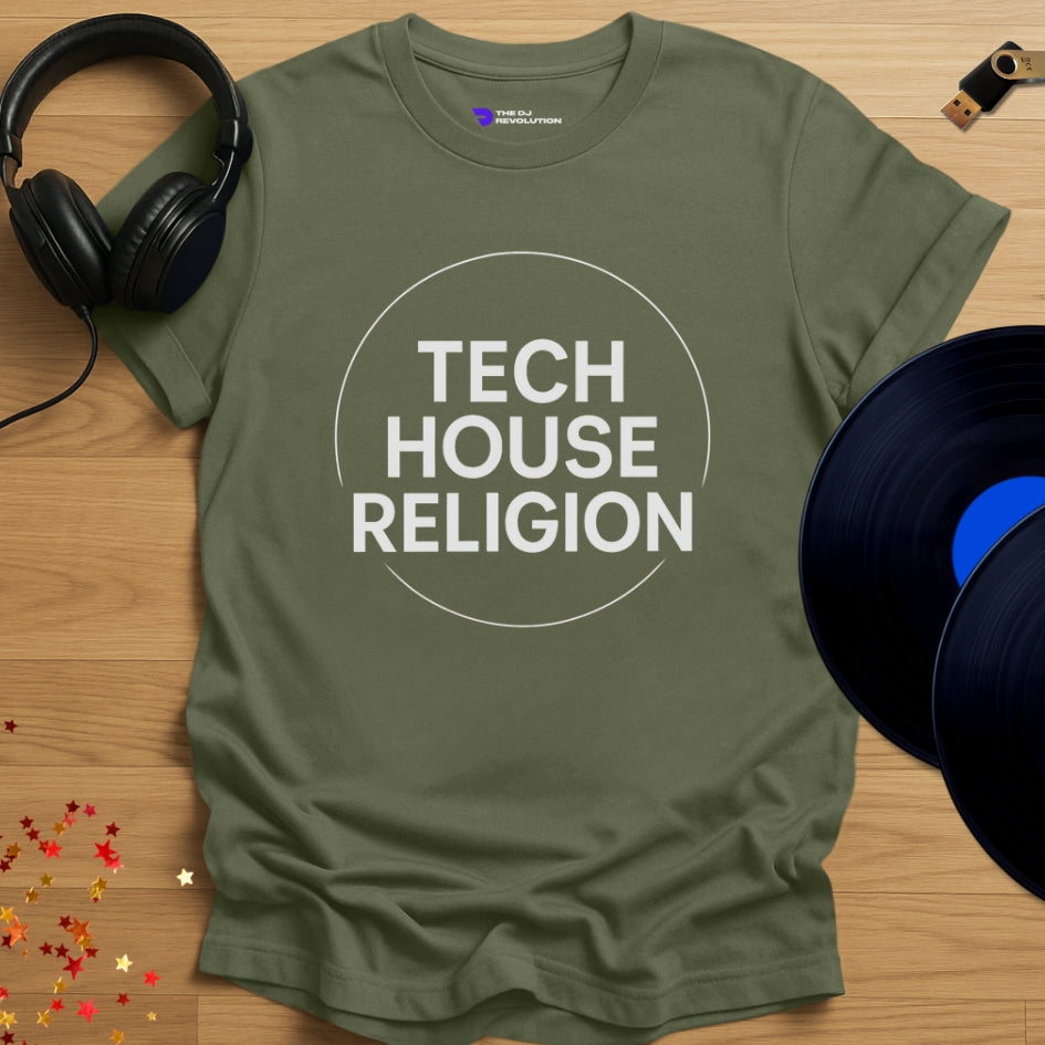 Tech House Religion house music T-shirt in military green, front view