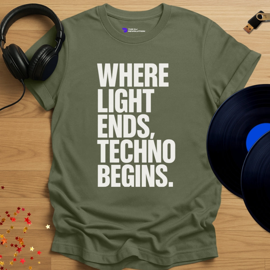 Techno Begins Techno T-shirt in military green, front view