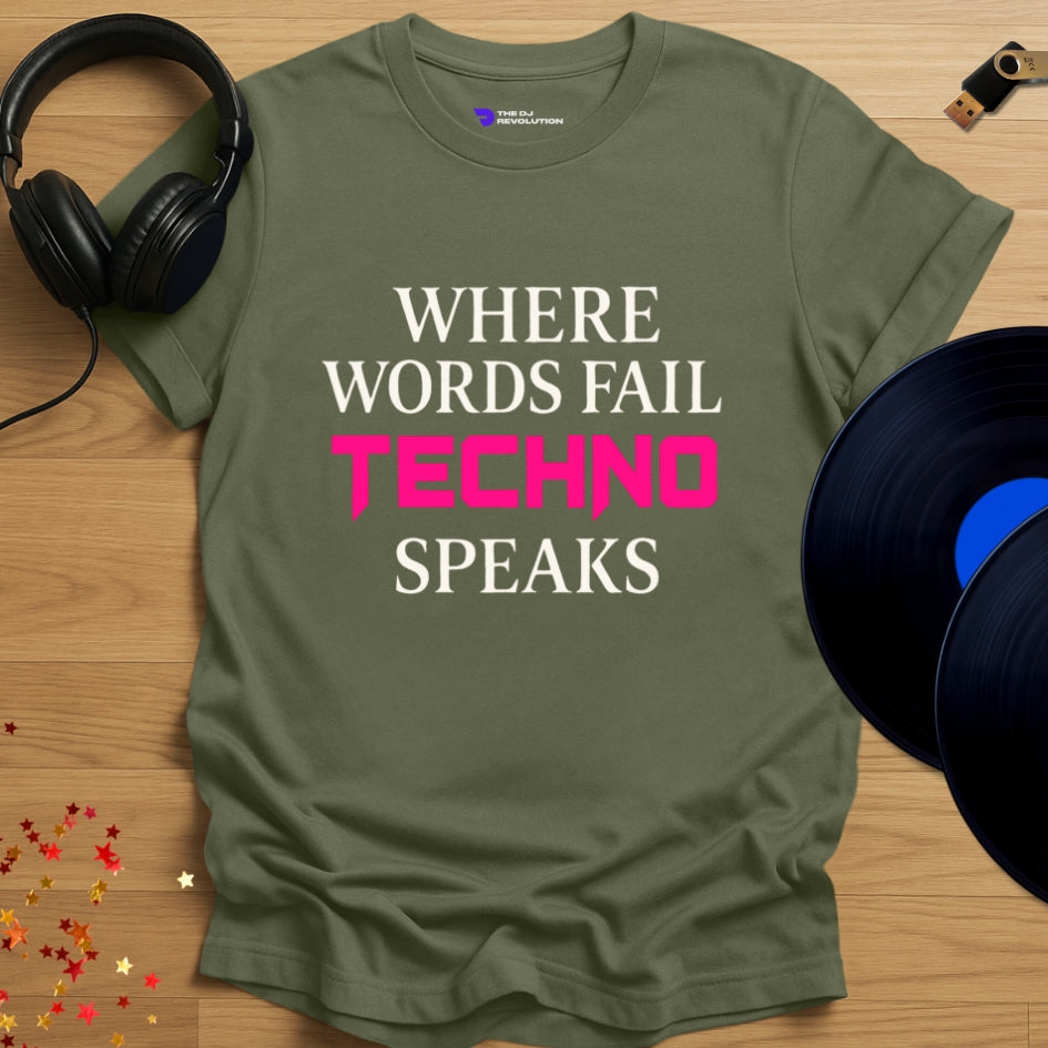 Techno Speaks T-shirt in military green, front view