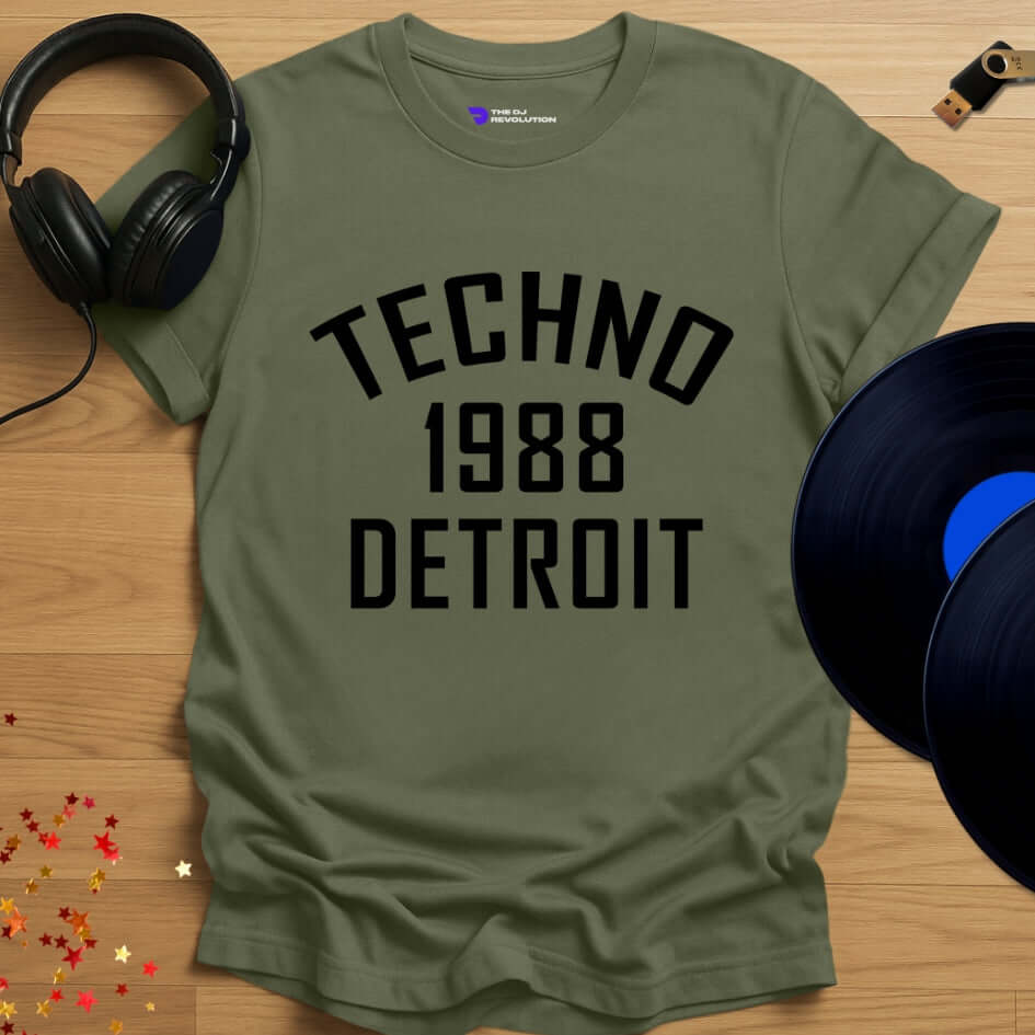 Detroit techno T-shirt, 'Detroit Techno 1988' design in military green, front view