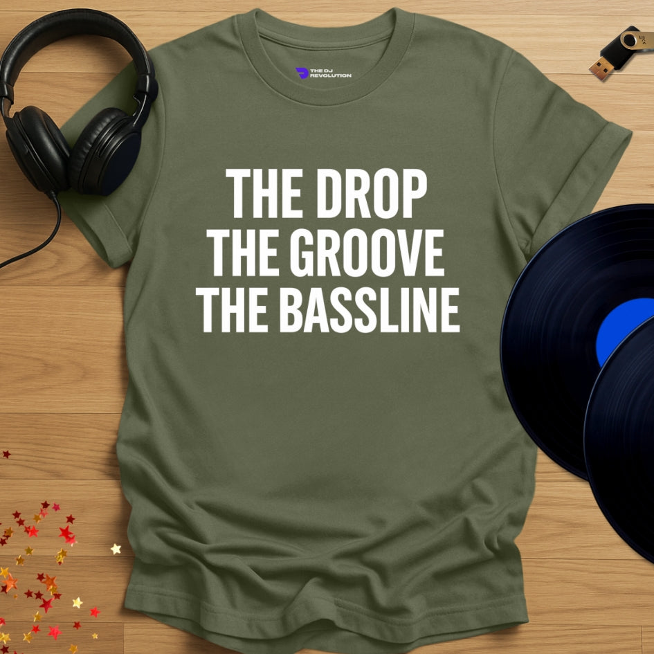 The Bassline house music T-shirt in military green, front view