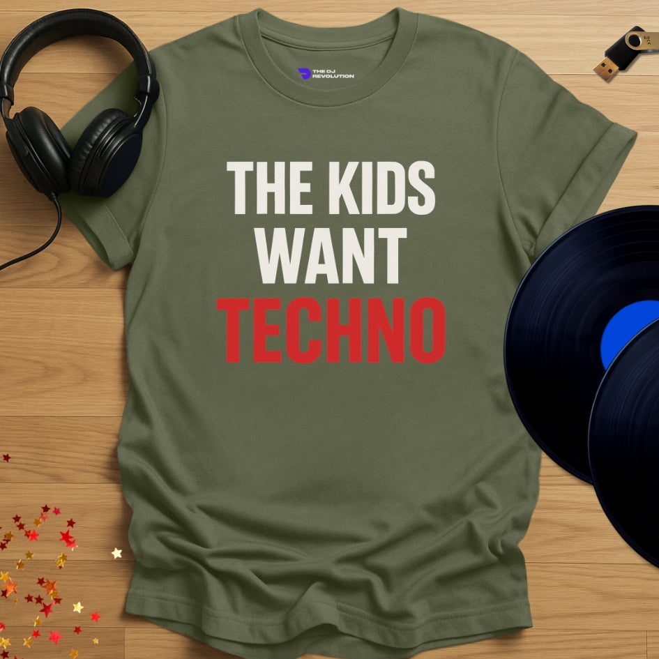 The Kids Want Techno T-shirt in military green, front view