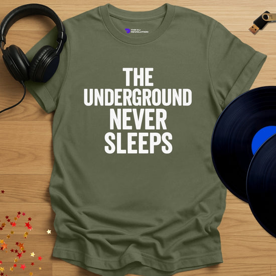 The Underground Never Sleeps Techno T-shirt in military green, front view