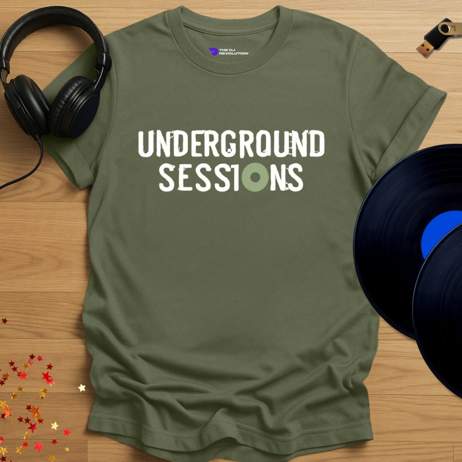 Underground Sessions house music T-shirt in military green, front view