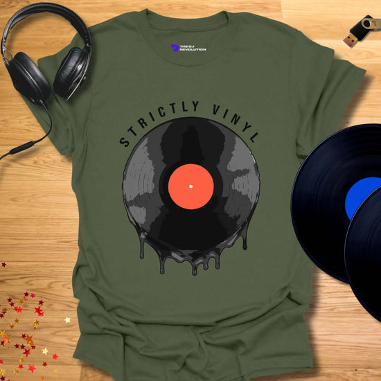 Vinyl enthusiast DJ T-shirt, 'Strictly Vinyl' design in military green, front view