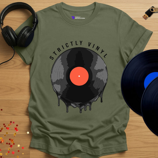 Vinyl DJ T-shirt, 'Strictly Vinyl' design in military green, front view