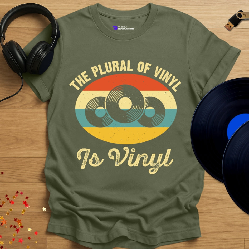 Vinyl enthusiast DJ T-shirt, 'The Plural of Vinyl' design in military green, front view