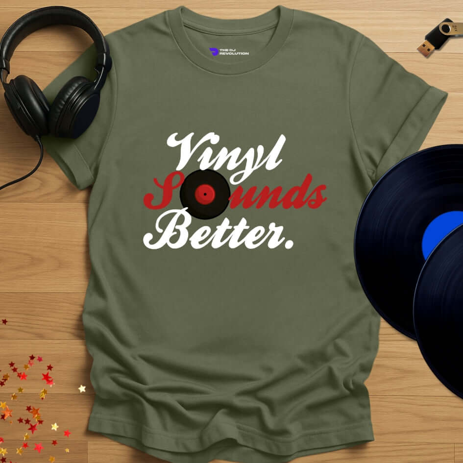 Vinyl DJ T-shirt, 'Vinyl Sounds Better' design in military green, front view