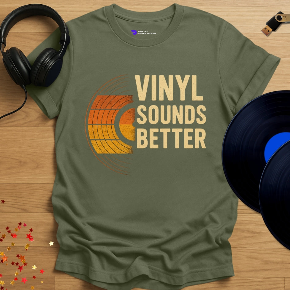 'Vinyl Sounds Better’, vinyl DJ T-shirt in military green, front view