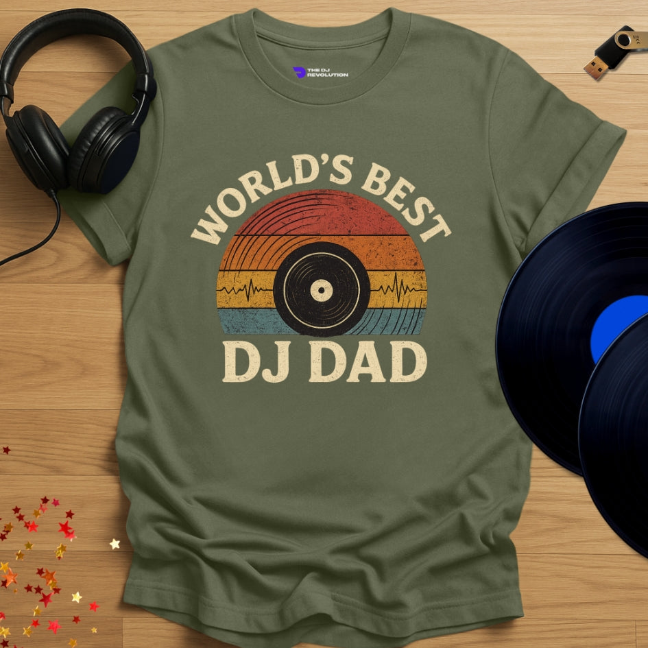 'World’s Best DJ Dad' T-shirt in military green, front view