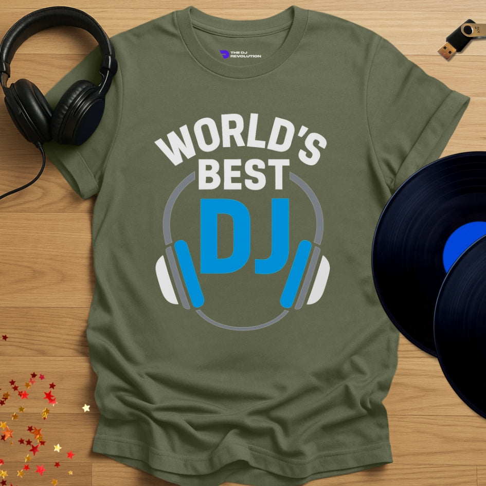'World’s Best DJ', funny DJ T-shirt in military green, front view