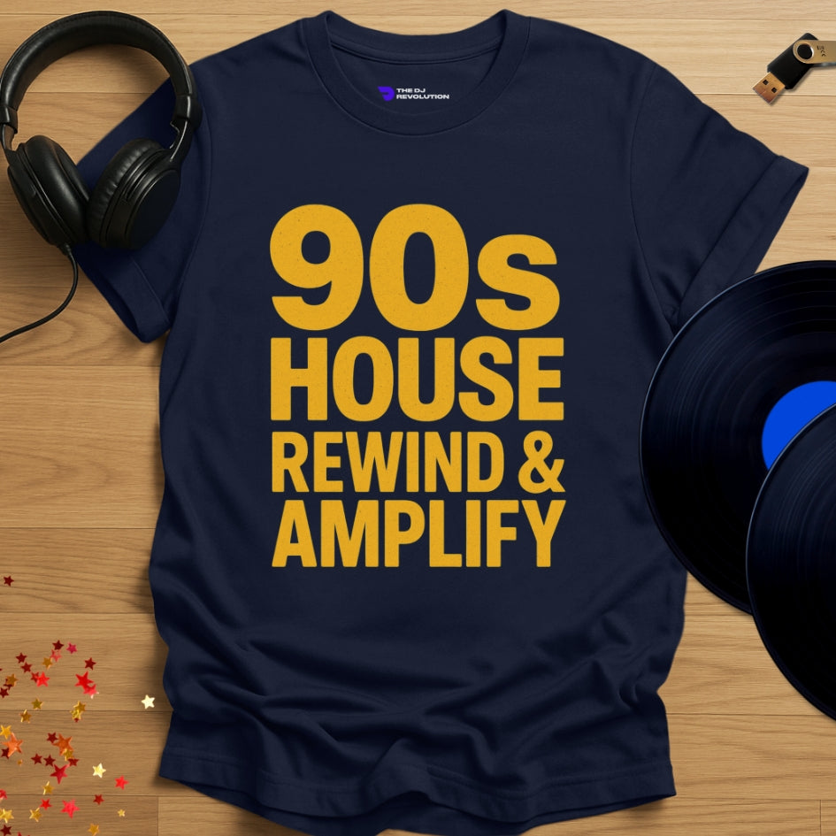 90s House Rewind house music T-shirt in navy, front view