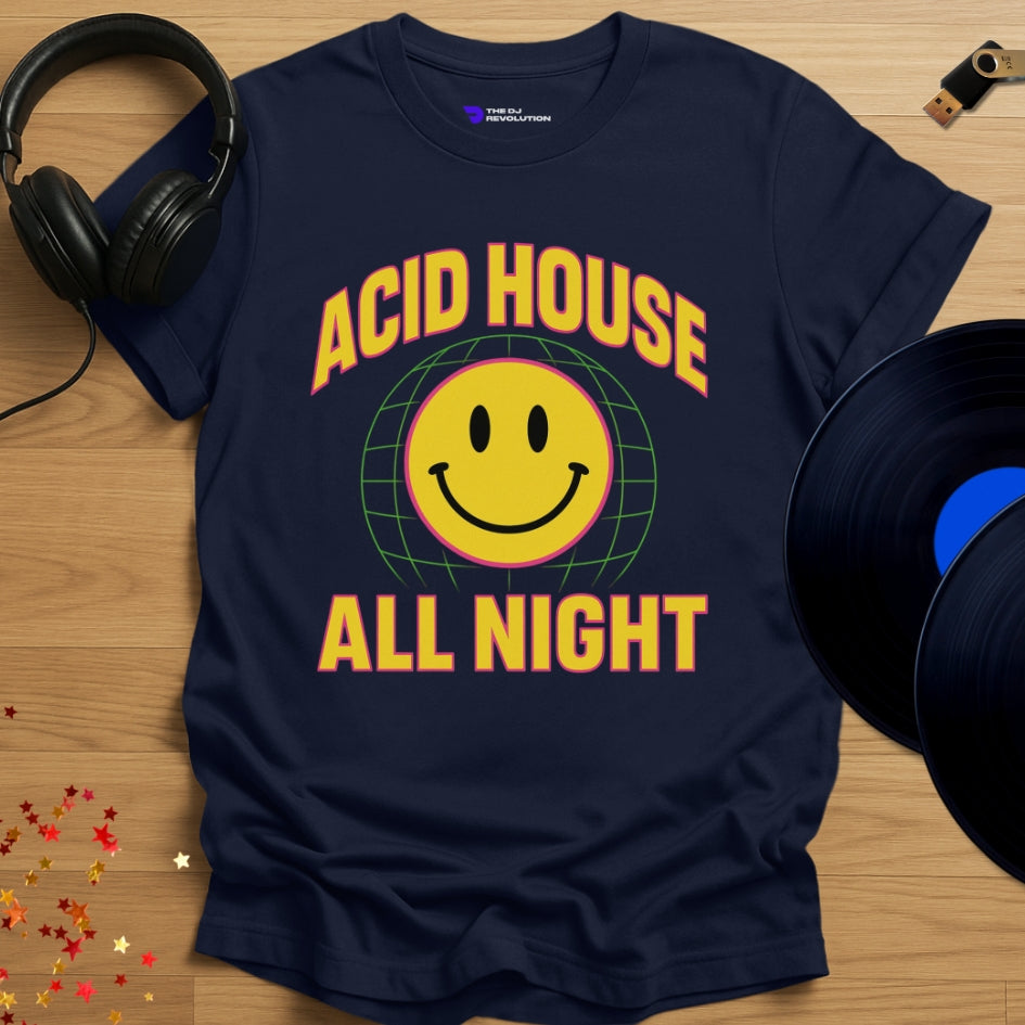 Acid House All Night house music T-shirt in navy, front view