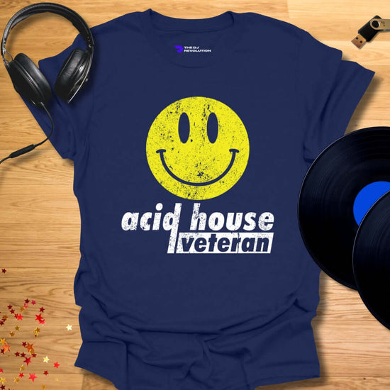 Unisex acid house T-shirt, 'Acid House Veteran' design in navy, front view