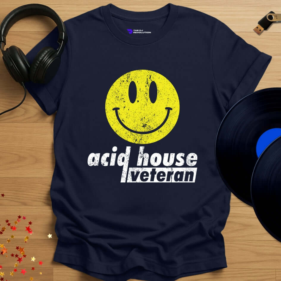 Unisex acid house T-shirt, 'Acid House Veteran' design in navy, front view