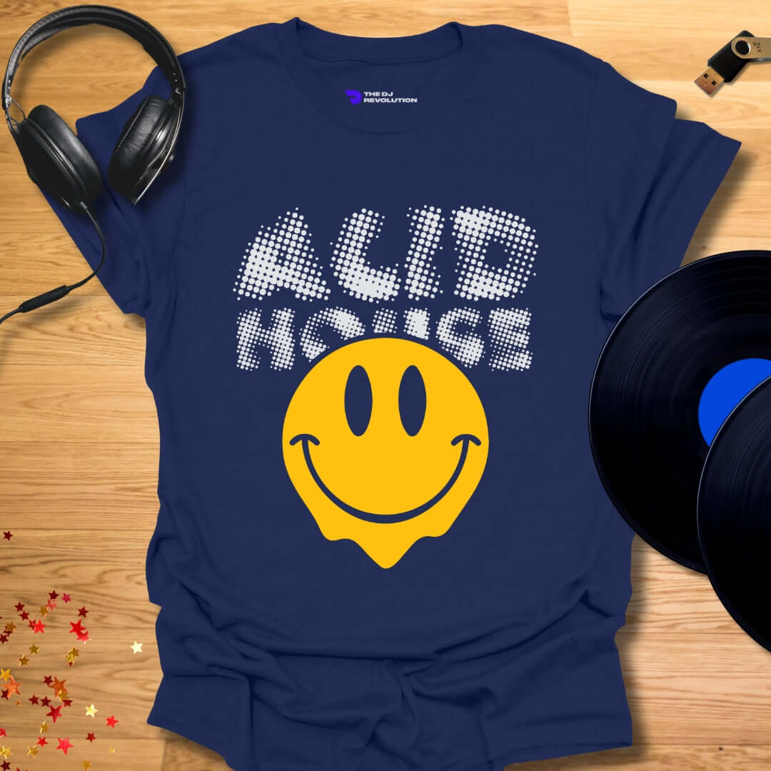 Unisex Acid House T-shirt, smiley face design in navy, front view