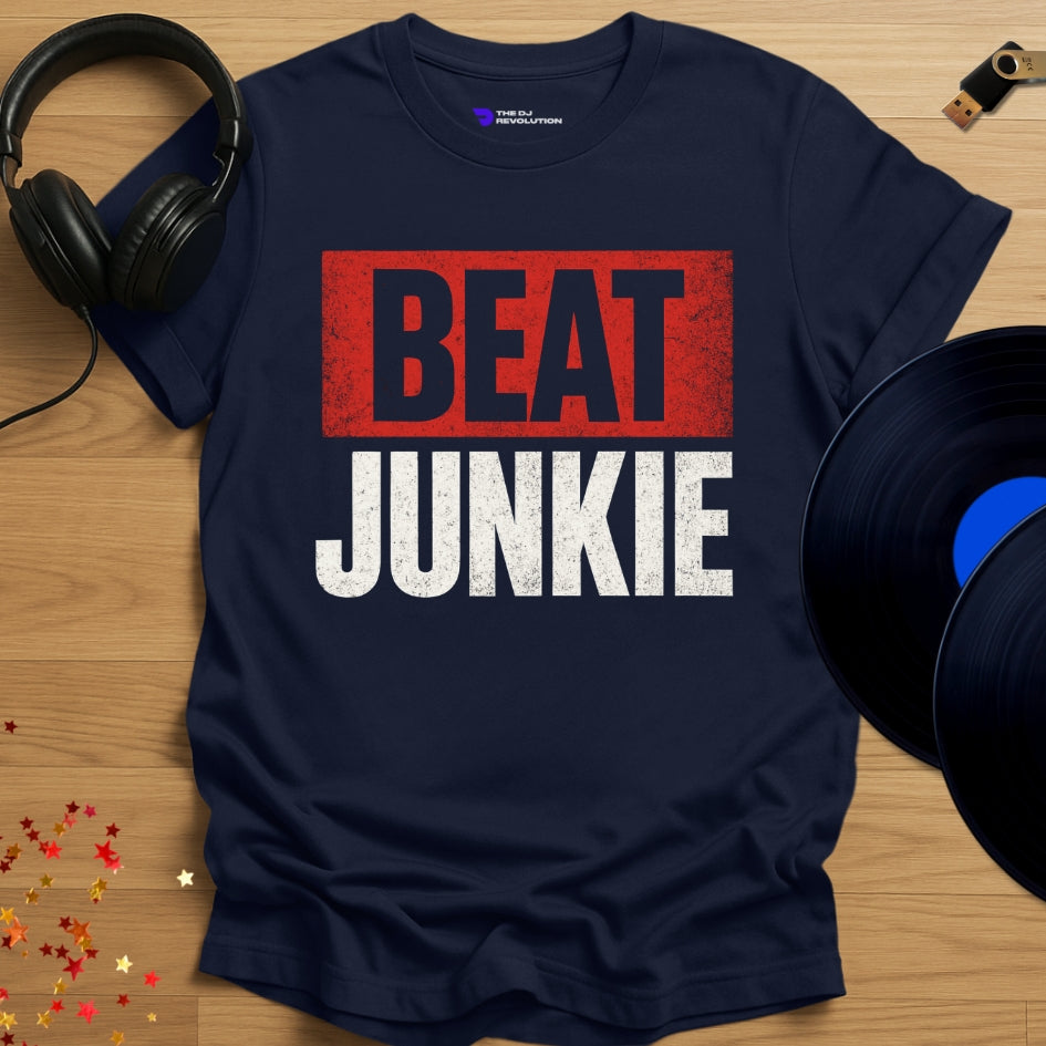 ‘Beat Junkie’ DJ producer T-shirt in navy, front view