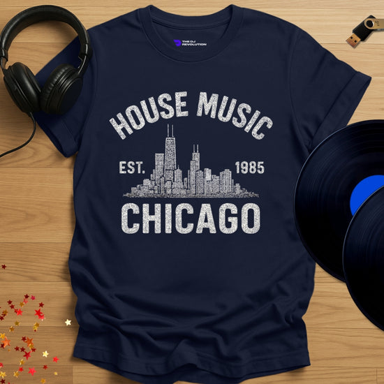 Chicago house music 1985 T-shirt in navy, front view