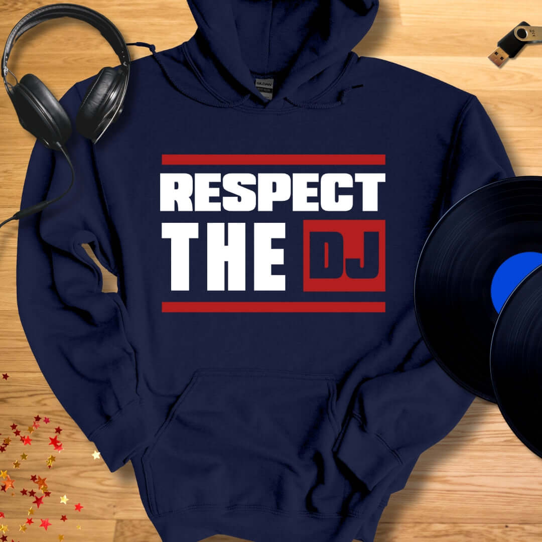 Unisex DJ Hoodie 'Respect The DJ' design in navy, front view